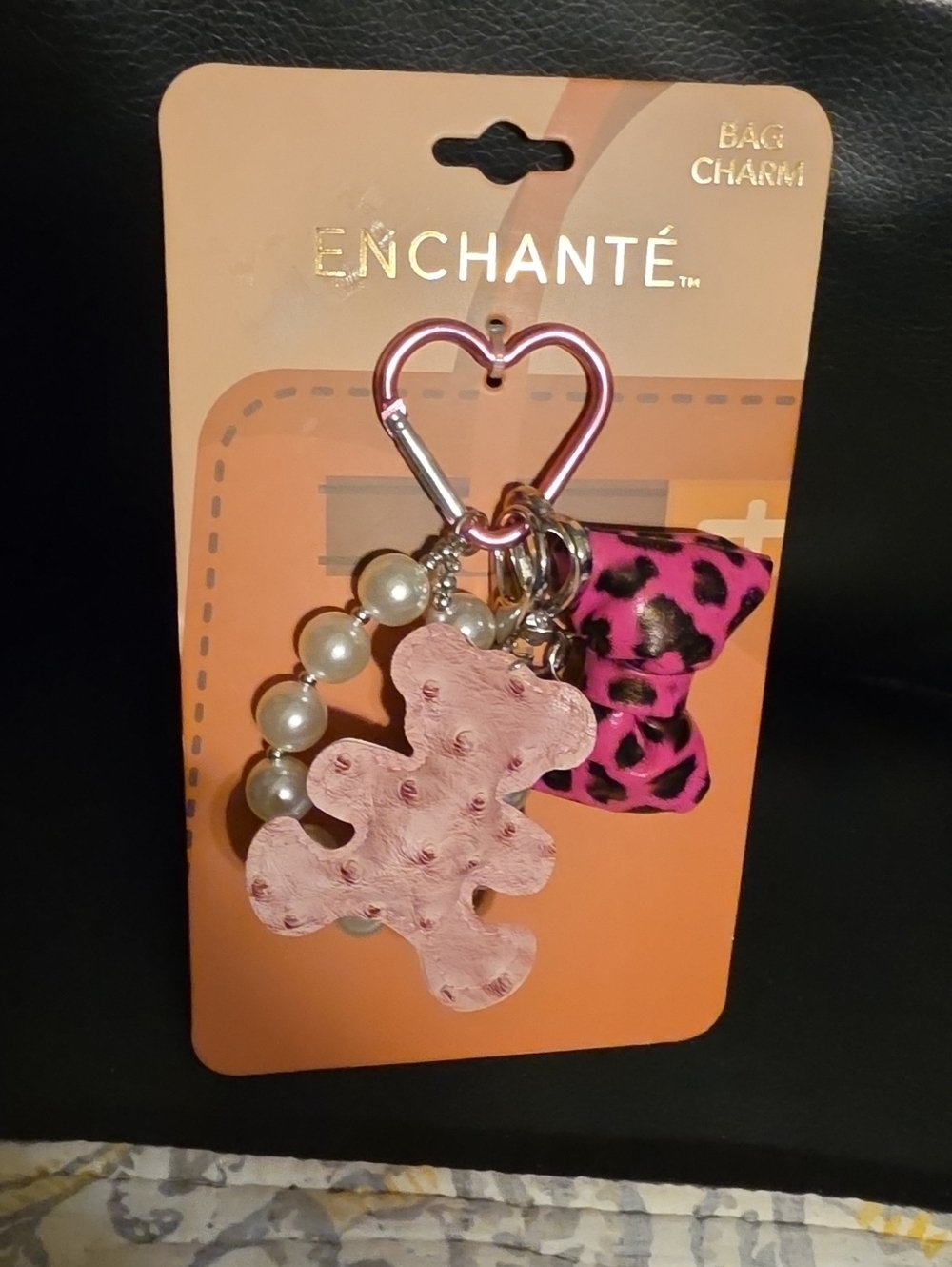 ENCHANTÉ Pink Leopard Bow & Teddy Keychain with Pearl Loop